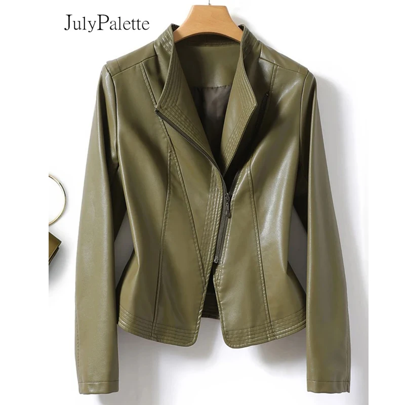 

Julypalette Sheepskin Short Jackets Women Fashion Diagonal Zipper Leather Outwear Fall Chic Ladies Dark Green Real Leather Coats