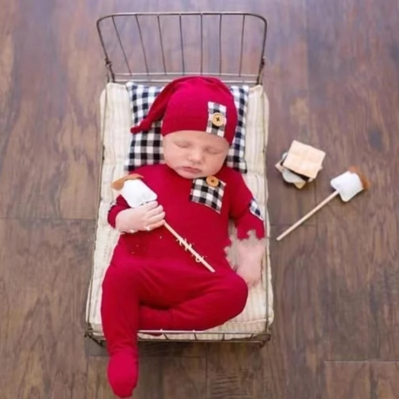 Infant Photography Props Christmas Costume Romper Santa Hat Plaids Pillow Baby Photoshooting Clothes Newborn Shower Gift 15UB