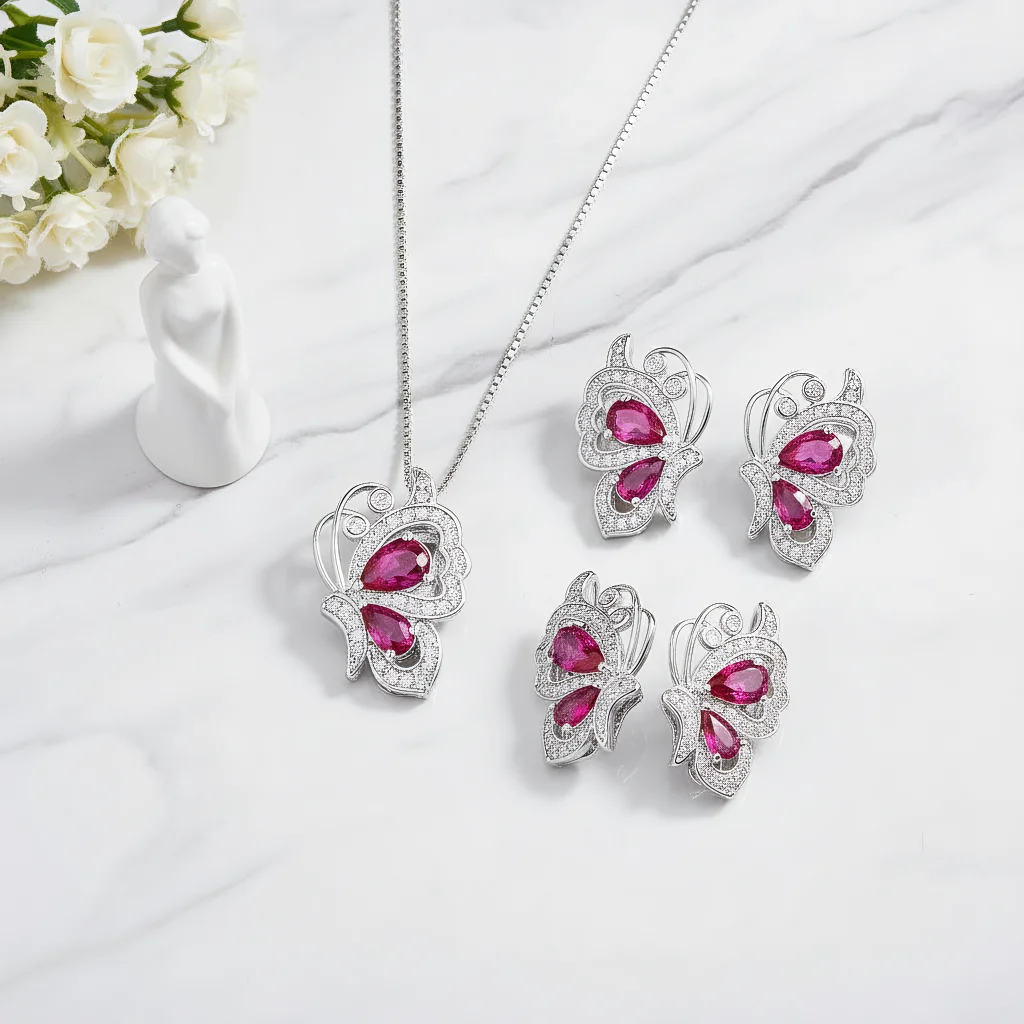

3pcs Elegant Vintage Jewelry Set for Women Ruby Butterfly Necklace Shiny Crystal Choker Bridal Wedding Earrings Party