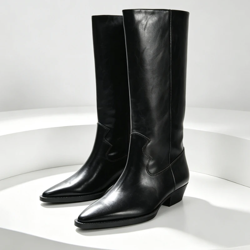Sexy Pointed Toe Knee Boots for Women Black Soft Leather Stitching Designer Boots Comfortable Non-Slip Chunky Heel Winter Boots