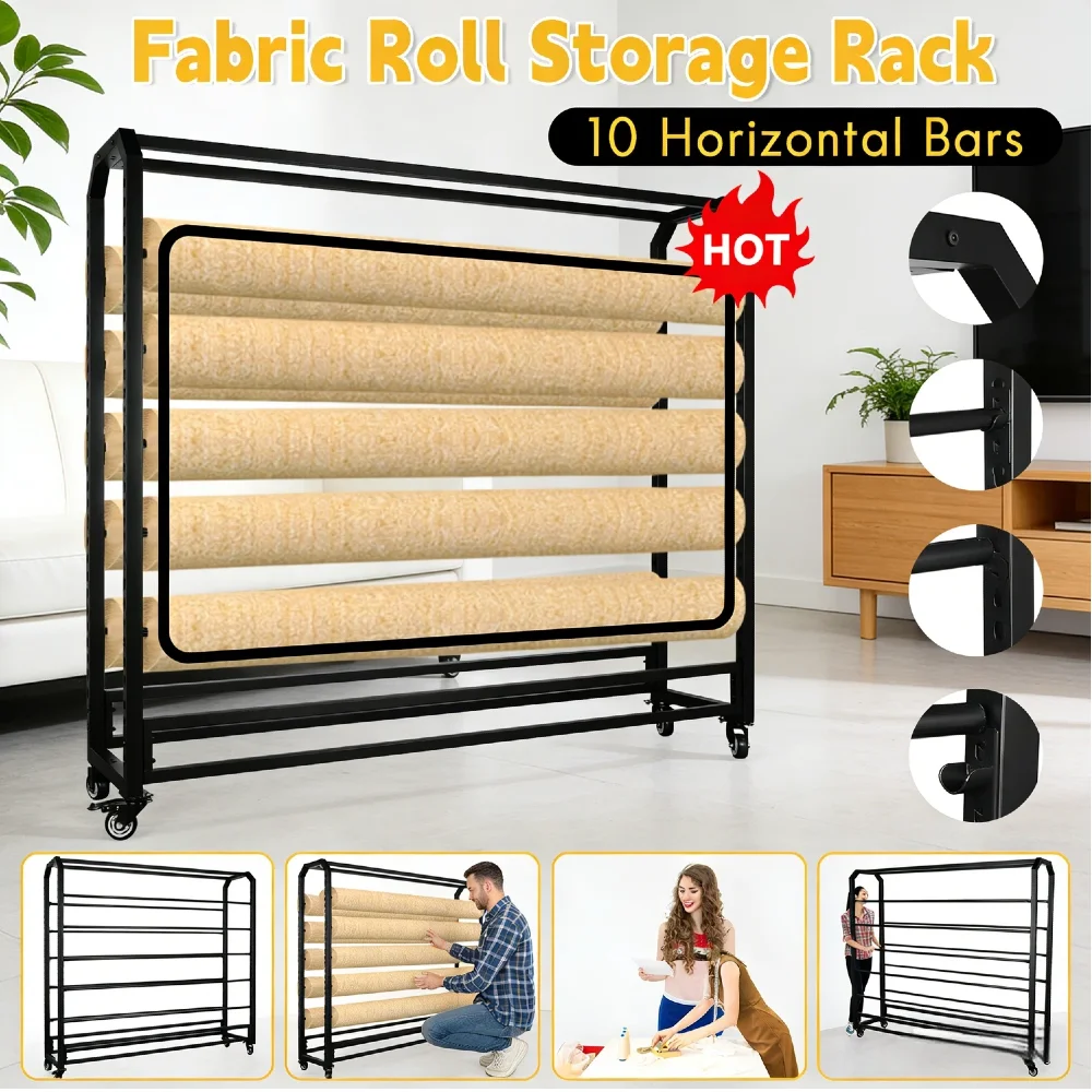 Organizador de Rollos de Tela con Ruedas, Acero Laminado en Frío, Barras Colgantes Ajustables para Cortinas, Papel Tapiz, Manteles, Vinilo, Manualidades