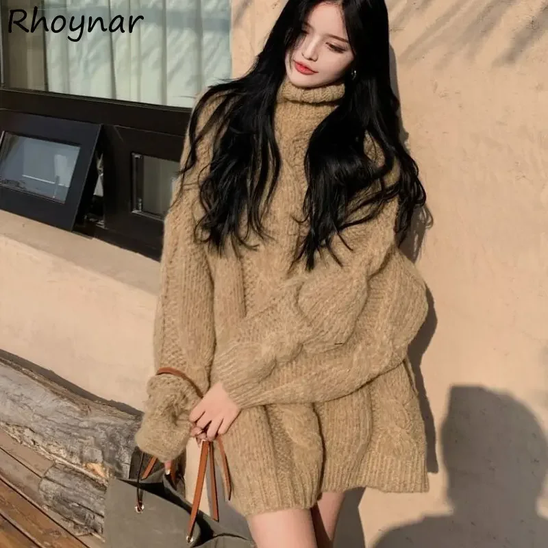 

Baggy Pullovers Women Turtleneck Sweater Pure Color Minimalist Sweet Designer Streetwear Korean Fashion Temper Knit Свитер Cozy