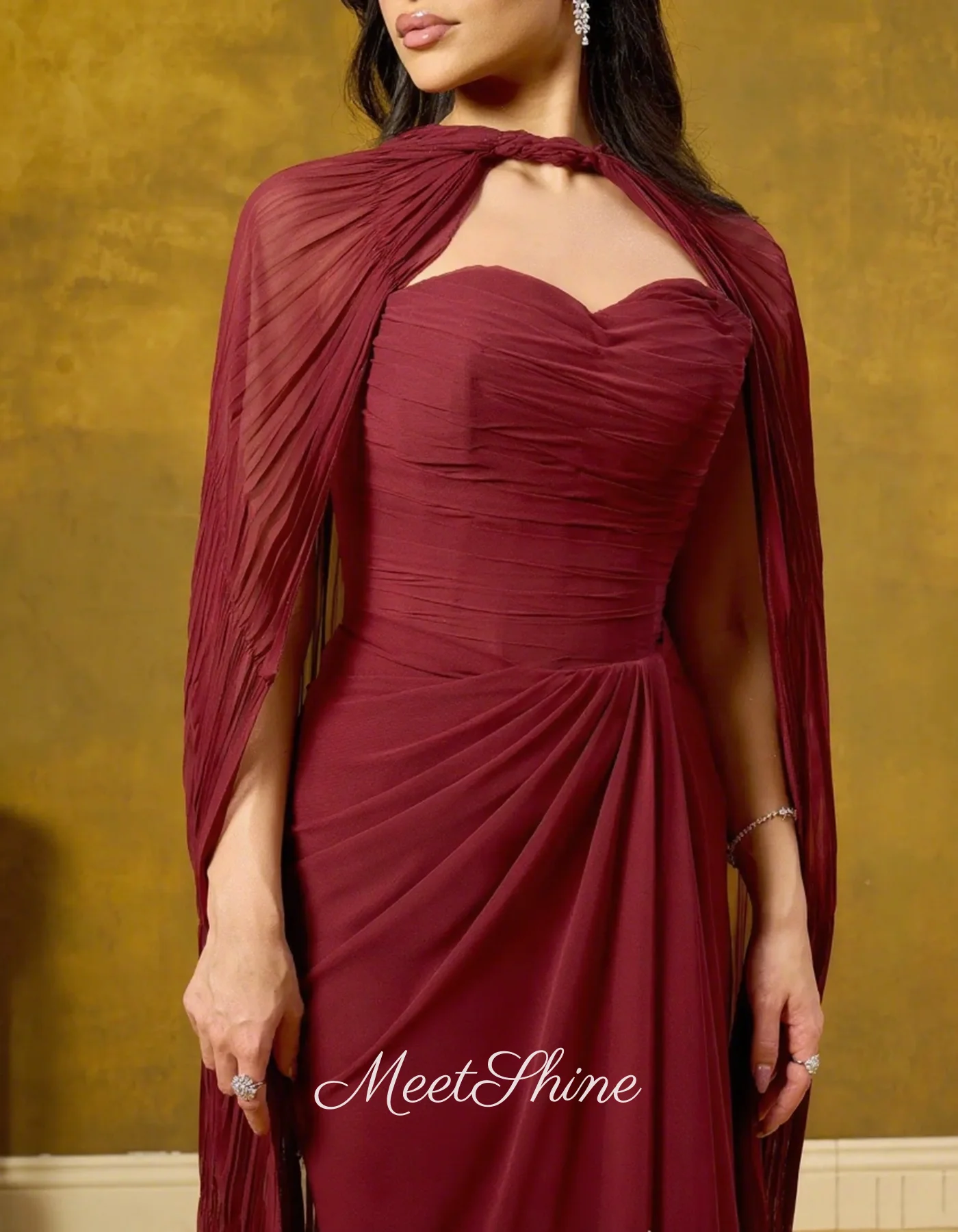 Элегантное бордовое шифоновое вечернее платье трапециевидной формы в форме сердца, Саудовская Аравия, с длинными рукавами-накидкой, свадебные платья, платье для выпускного вечера по индивидуальному заказу