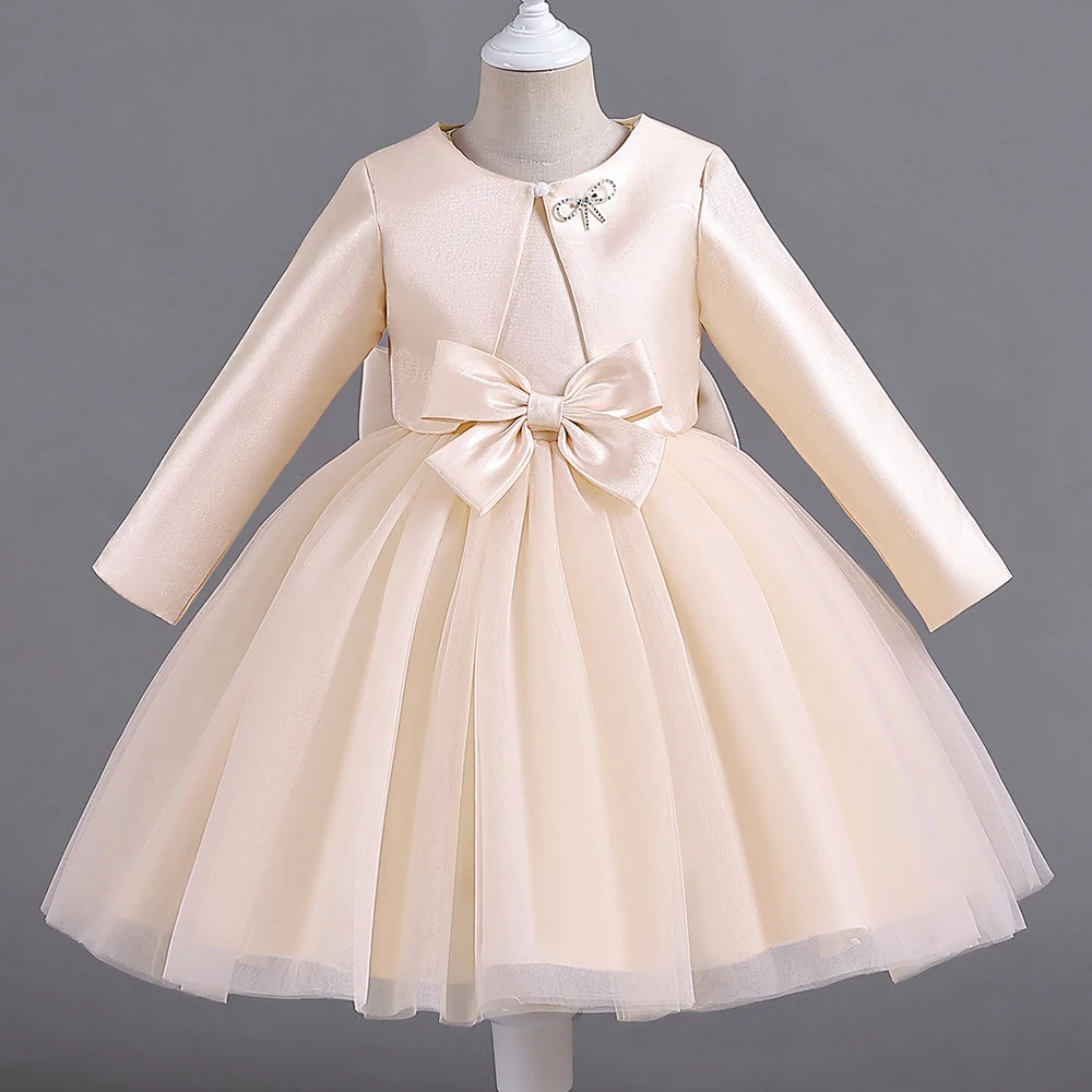

Girls Dress Baby Satin Dress + Coat 2 Pcs Kids Evening Formal Communion Prom Gown Children's Festival Solid Bow Formal Clothes