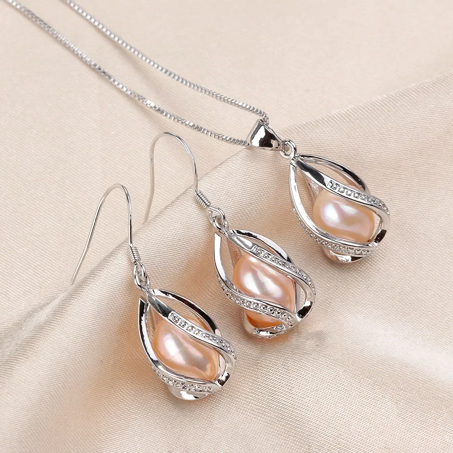 100% Natural Freshwater Pearl Jewelry Sets For Women Fashion 925 Sterling Silver Earrings+Pendant Wedding Jewelry With Box