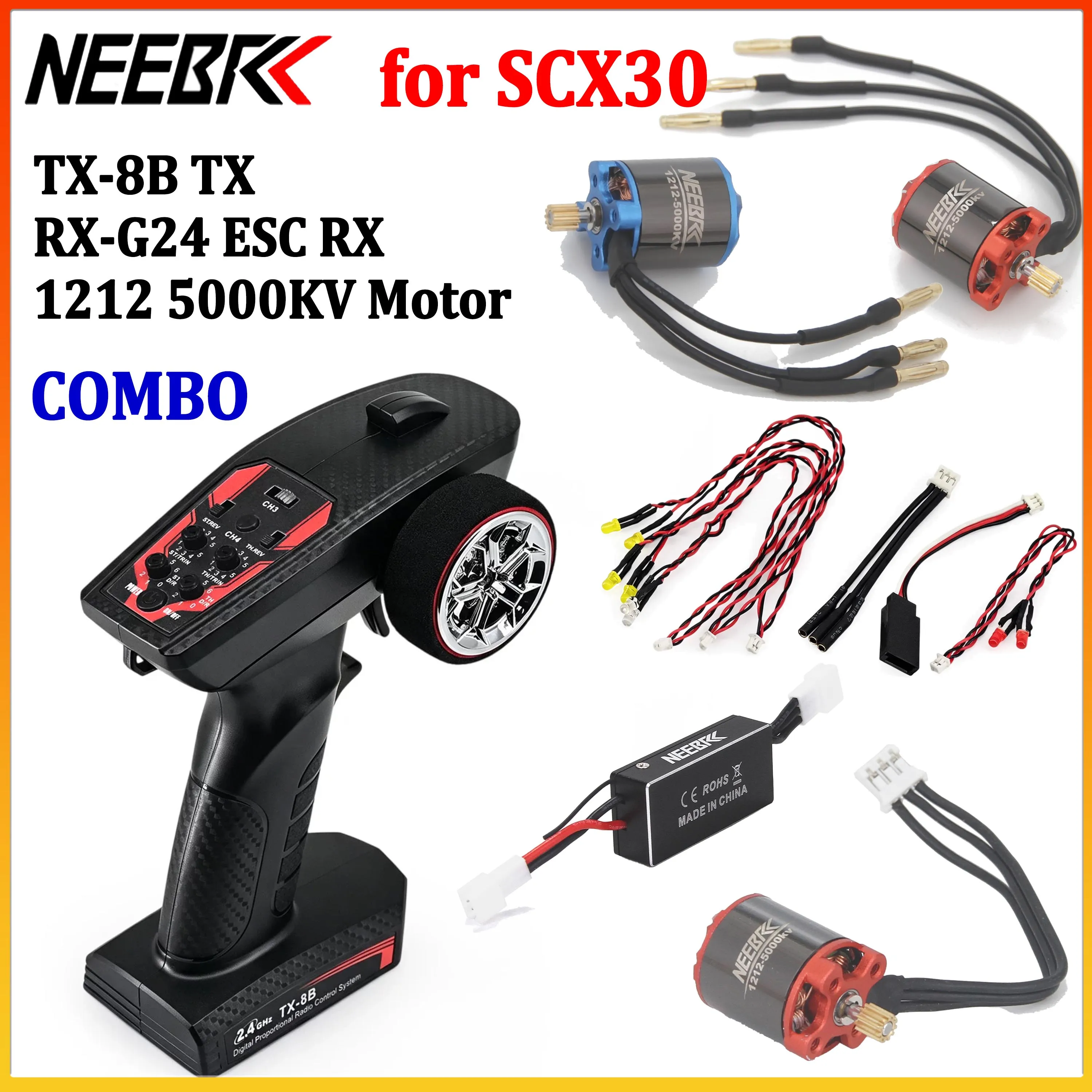 NEEBRC 4CH TX-8B Transmitter W/ 1212 5000KV Brushless Motor Combo RX-G24 ESC Receiver LED Lights 11T Pinion for SCX30 RC Crawler