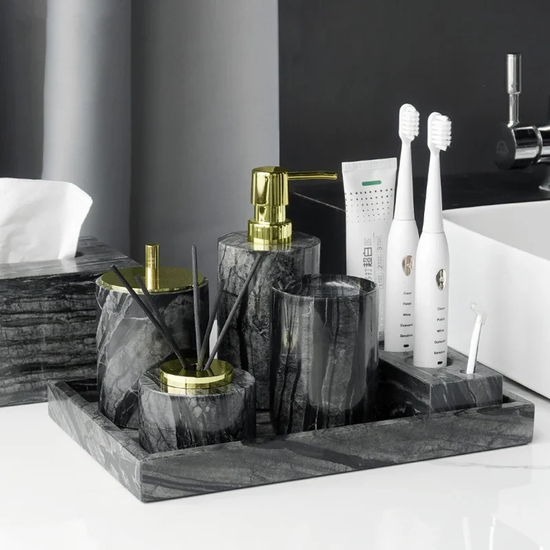 Tree Black Natural Marble Bathroom Accessories Luxury Golden Soap Dispenser Soap Dish Reed diffuser Vanity Tray Bathroom Set