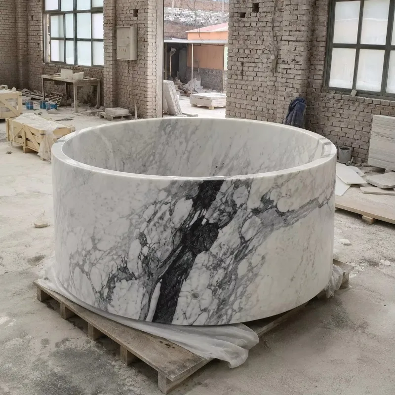 Custom Natural White Marble Freestanding Round Bathtub 1000mm Carved Luxury Stone Round Bath Tub Price For Bathroom