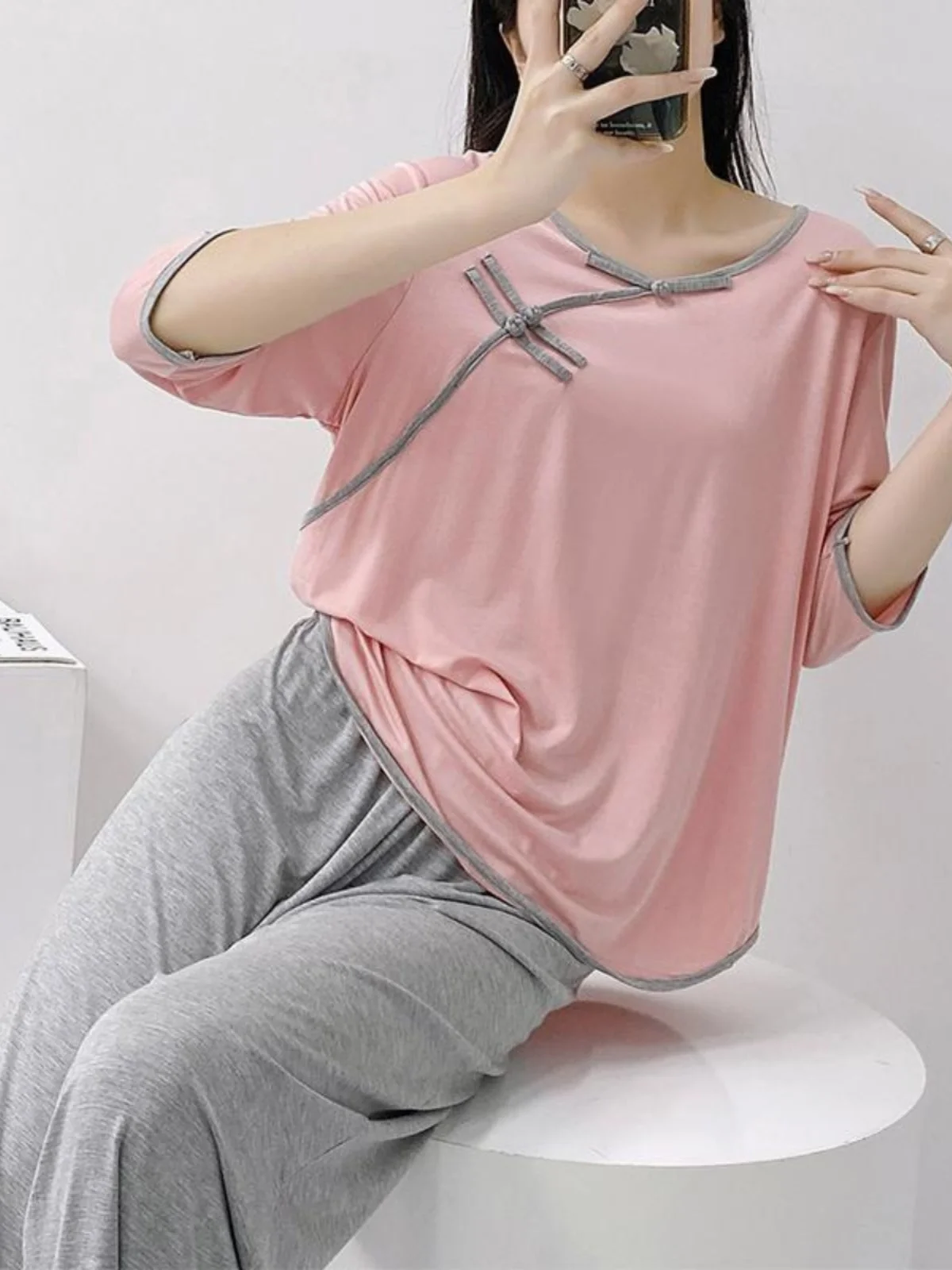 

plus Size Loose Fit Slimming mid Sve T-irt High Waist Pants Thin Home Clothes Two Piece Set Women Comfortable Breathable...