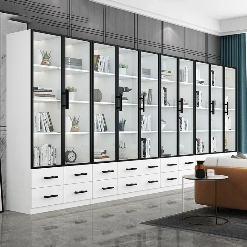 

Glass door bookcase, solid wood customized with door combination background wall, simple display cabinet, whole wall storage