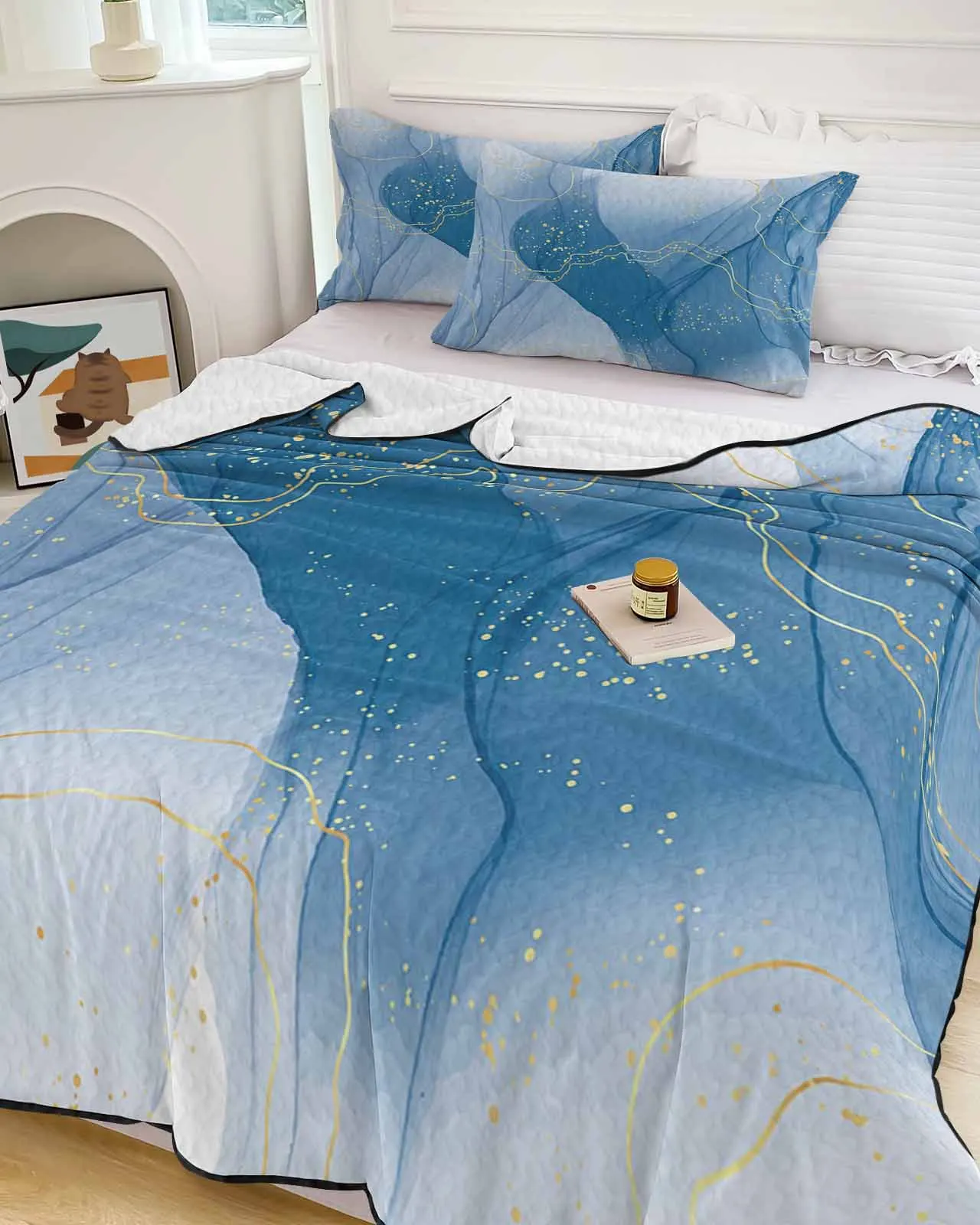 

Marble Line Gold Gradient Overlap Blue Cooling Blankets Air Condition Comforter Lightweight Summer Quilt for Bed Soft Thin Quilt