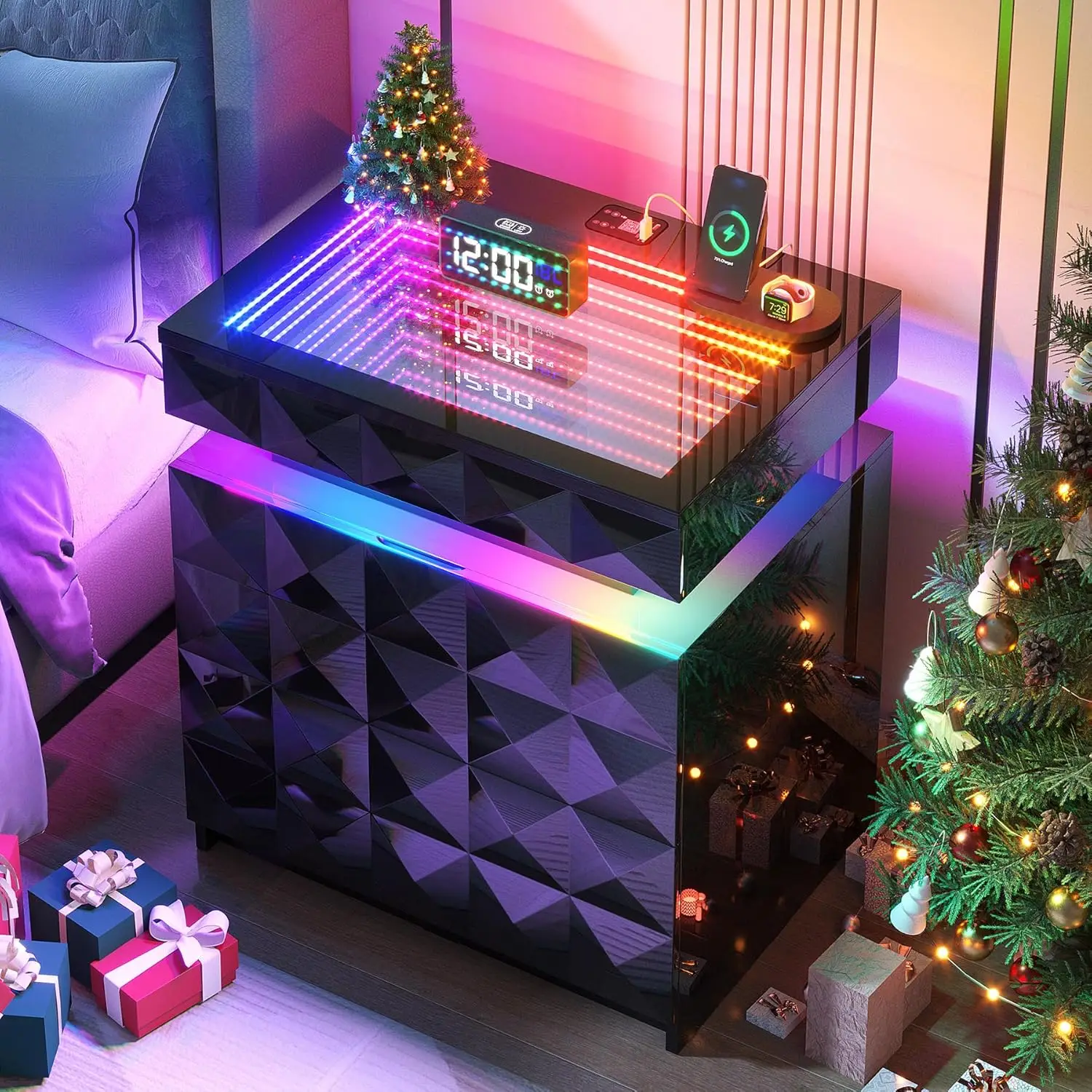 Night Stand with Charging Station and RGB Lights, LED Nightstand with Tempered Glass and Sliding Top, 3 Drawers, Customized
