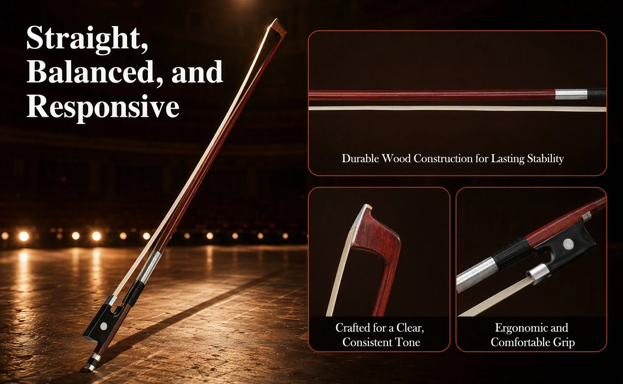 Wooden Violin Bow Handmade Balanced Professional Replacement for Violin Players Musical Accessory