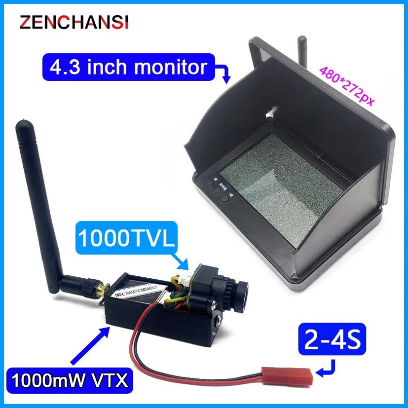 EWRF 5.8G FPV Monitor 4.3 Inch LCD Display Receiver 480*272px with 1000mW adjustable transmitter and CMOS 2.8mm 1000TVL camera