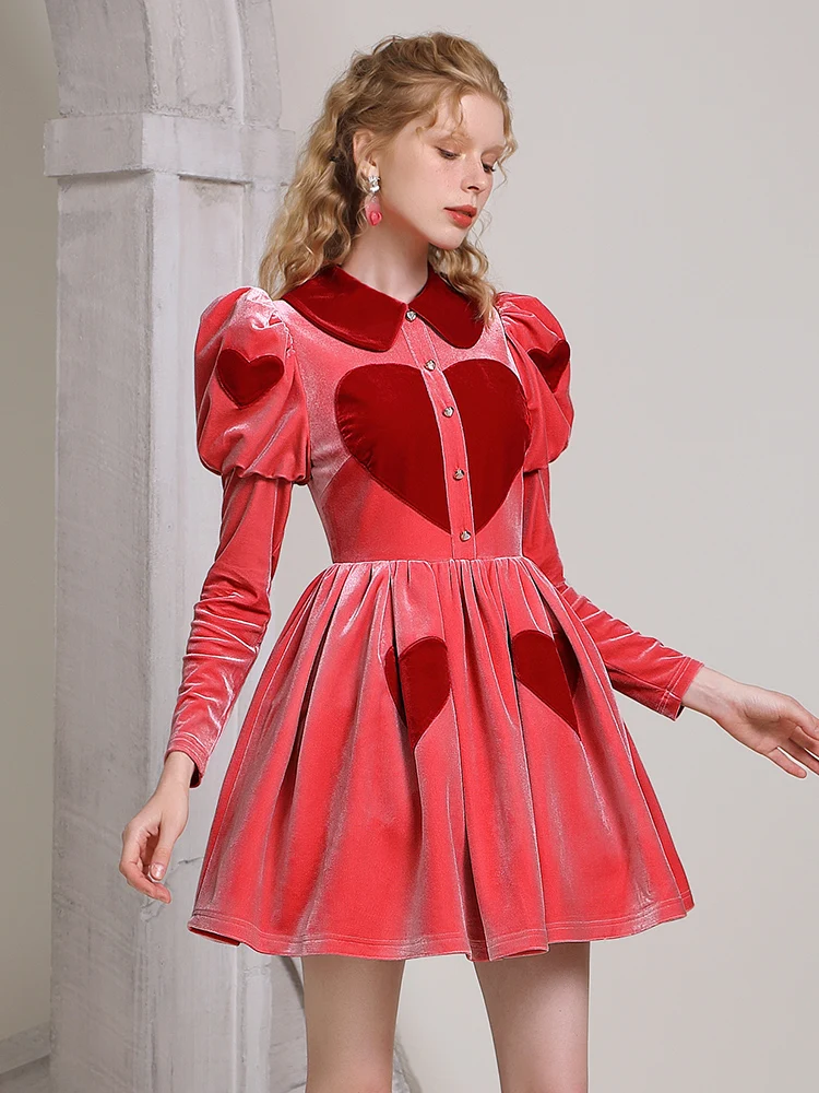 Velvet Love Party Dress Spring Fashion Design Sweet Style Peter Pan Collar Dresses Women Slim Waist Full Sleeve Evening Vestidos