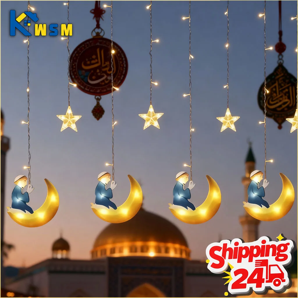 

Светодиодные занавески Рамадана с лунным замком и звездами Ид Мубарак Исламский декор для вечеринки для украшения стены окна спальни