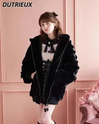 Japanese Mine Cute Girls Hooded Rabbit Ears Long Sweatshirt Cardigan Autumn Winter New Sweet Lolita Hoodies Loose Oversized Coat