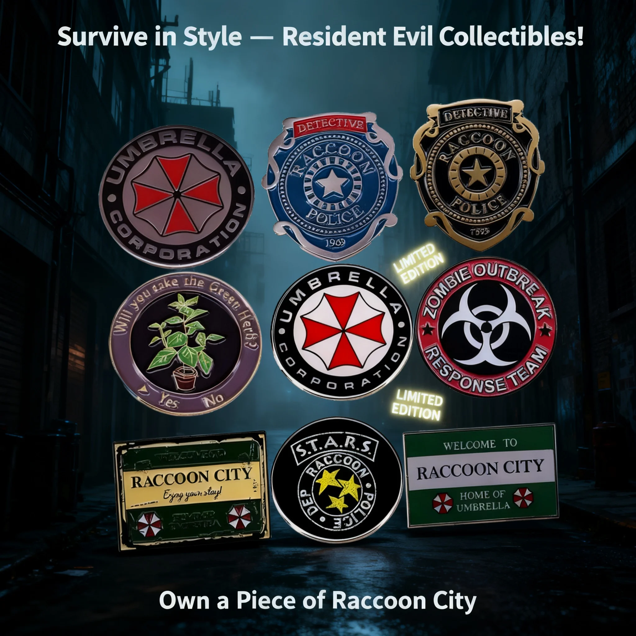 

Эмалевые значки и броши по мотивам игр жанра хоррор: Umbrella Company, Raccoon City, Biohazard Countermeasure Service, Resident Evil