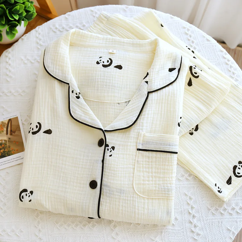 Crinkle Cotton Gauze Women‘s Pajama Set, Lapel Collar Long Sleeve Button-Down & Relaxed Fit, Breathable Lightweight Versatile Sp