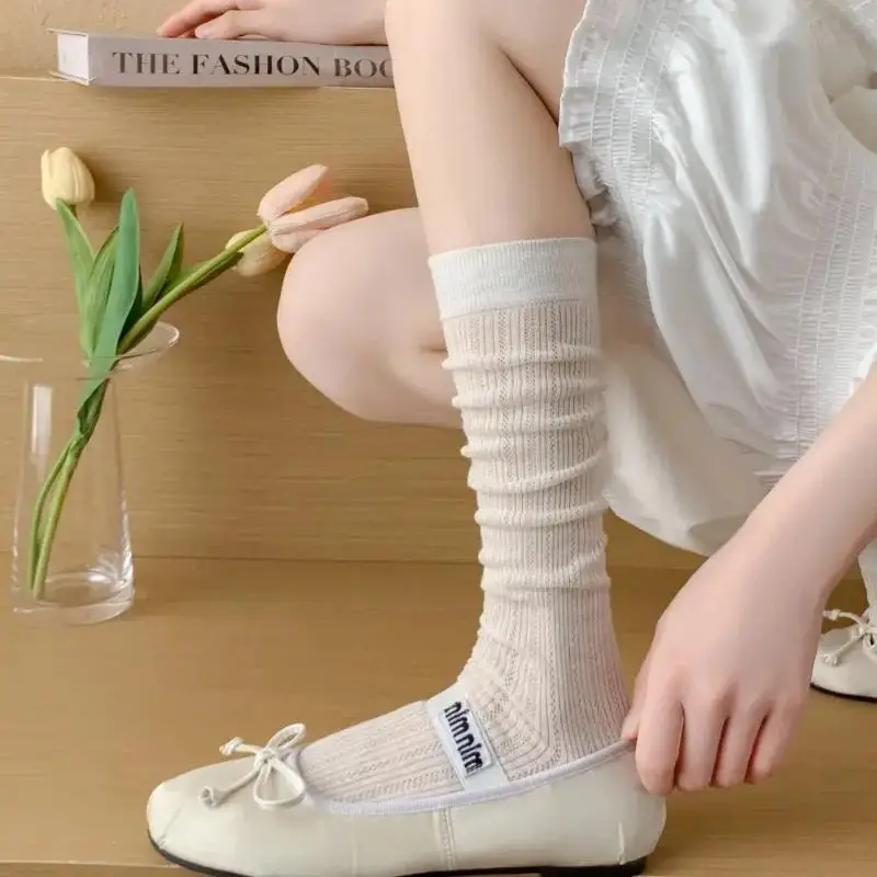

1 Pairs Women Summer Plain Casual Cotton Long Socks Breathable Hollow Mesh Thin Design Fashion Sweet Style Stacked Socks