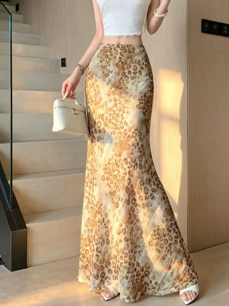 Skirt Vintage Leopard Chiffon Summer High Waist A Line Slimming Elegant Versatile Draping Stunning Trendy Mermaid Long Dress