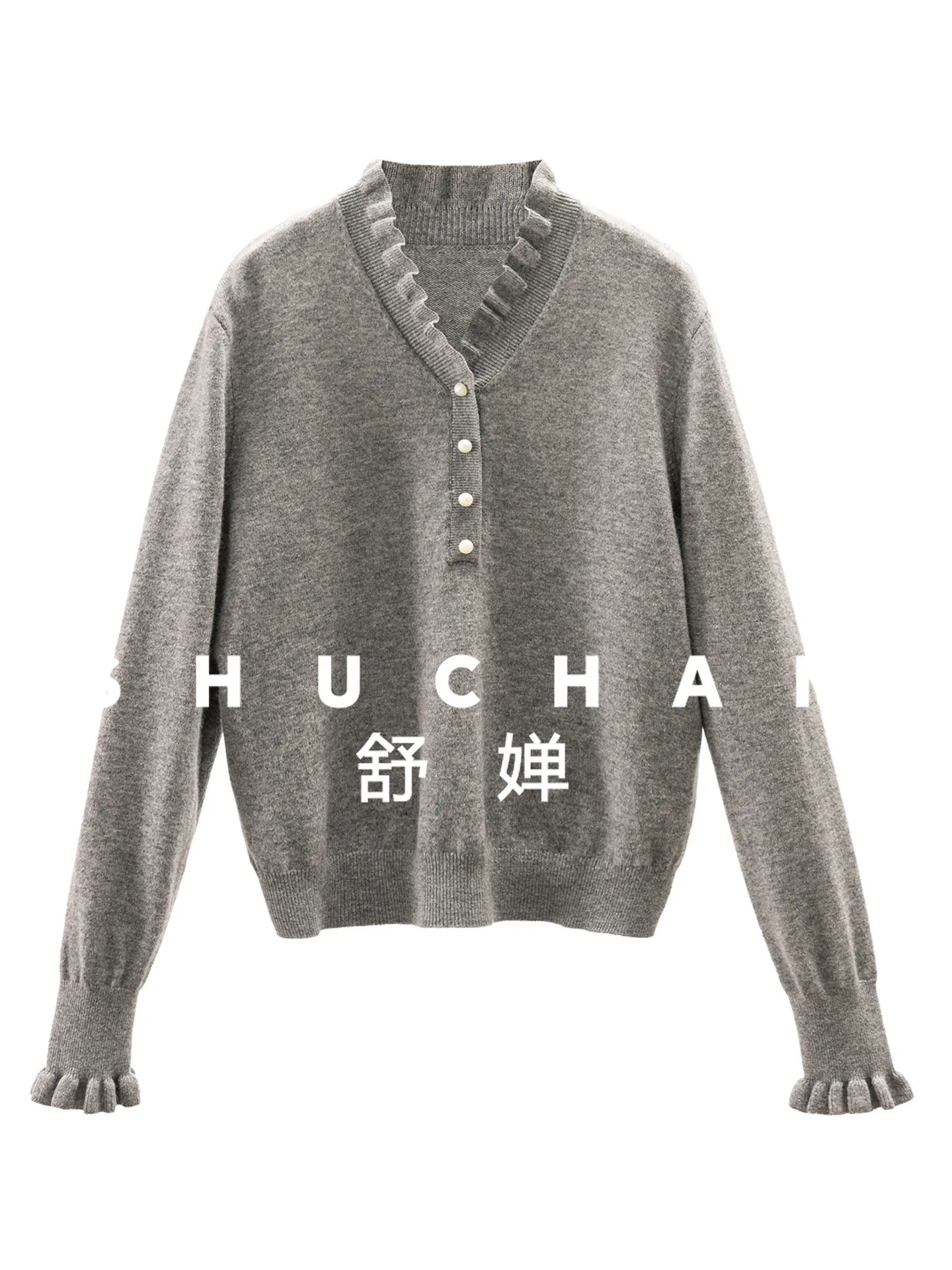 

Элегантный и изысканный пуловер из 100% шерсти с V-образным вырезом и волнистым краем, женский, модель 03K2