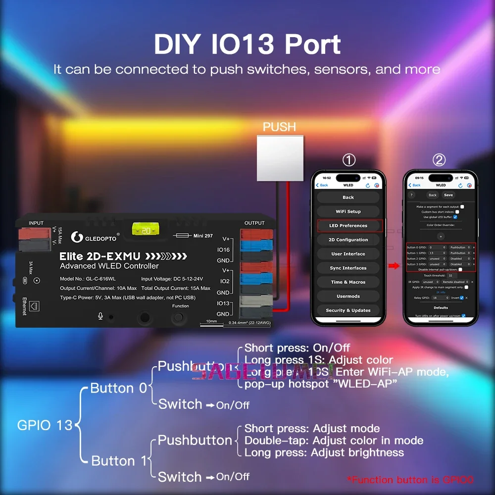 وحدة تحكم GLEDOPTO Elite ESP32 WLED سلكية إيثرنت صوت تفاعلي توفير الطاقة مرحل 20A مصهر ديناميكي RGBIC WS2811 WS2812 SK6812