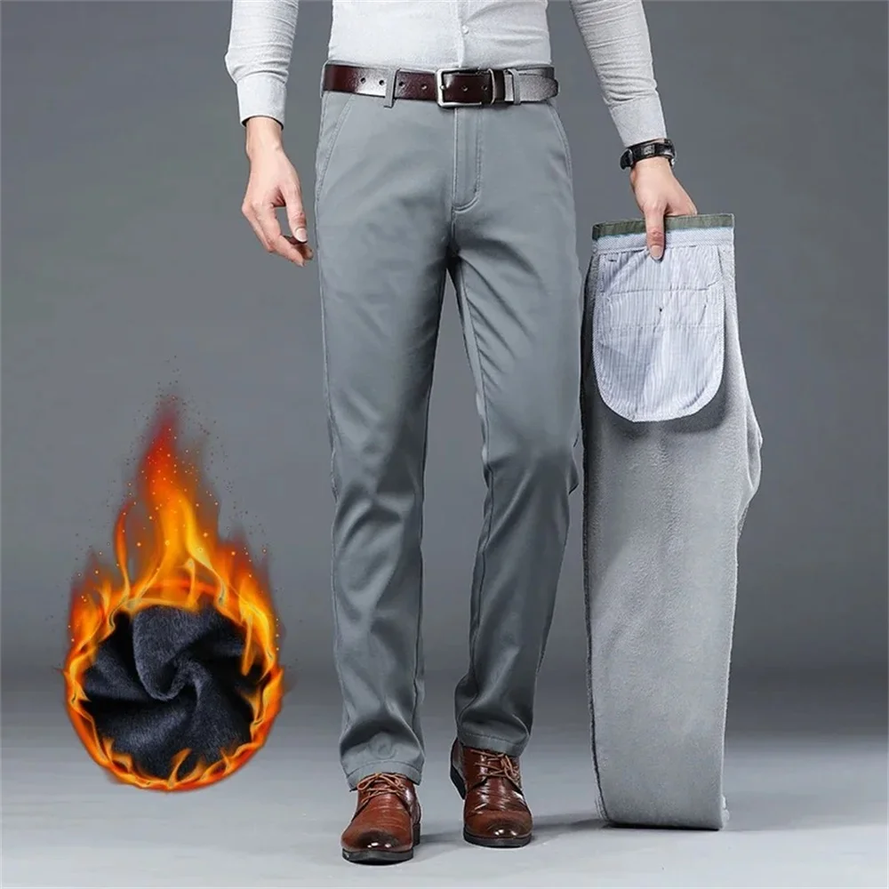 Autumn Winter Pants Men Thicken Fleece Lined Warm Elastic Waist Outdoor Casual Sweatpants Fashion Slim Grey Suit Trousers Male