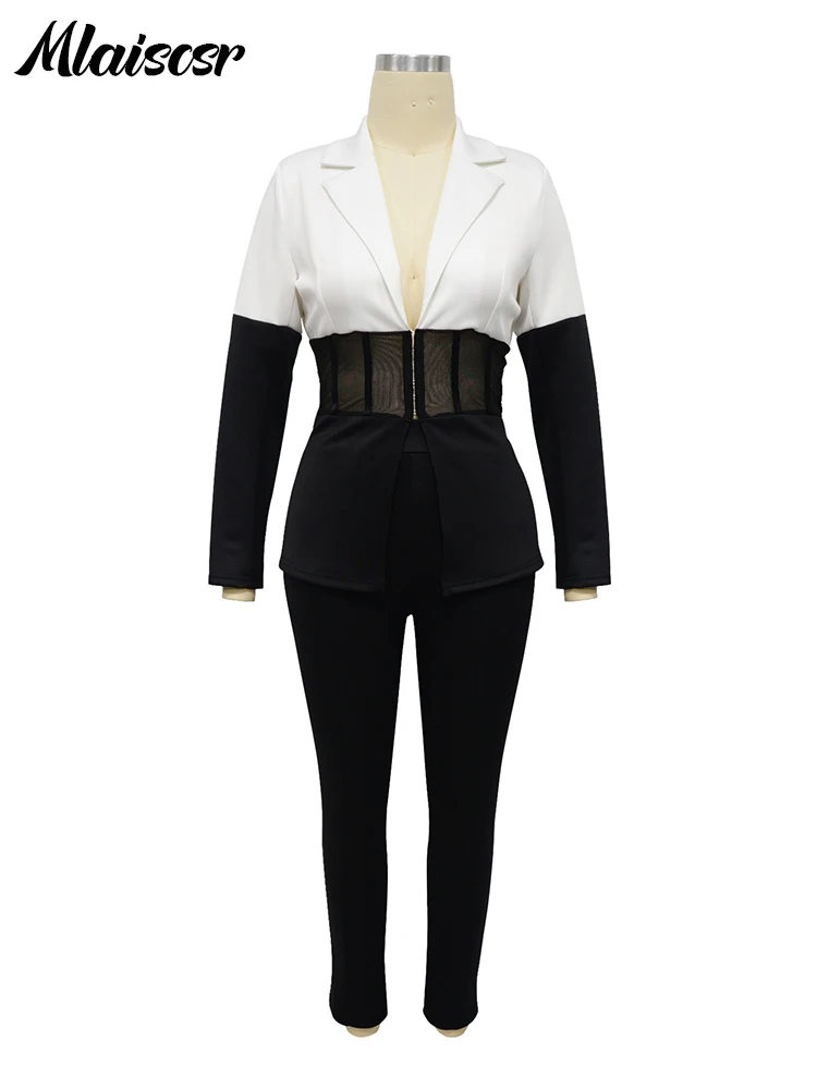 Mlaiscsr Elegant Black White Patchwork Office Lady Long Sleeve Blazer Pants Set Women Two 2 Pieces Matching Casual Workwear Suit