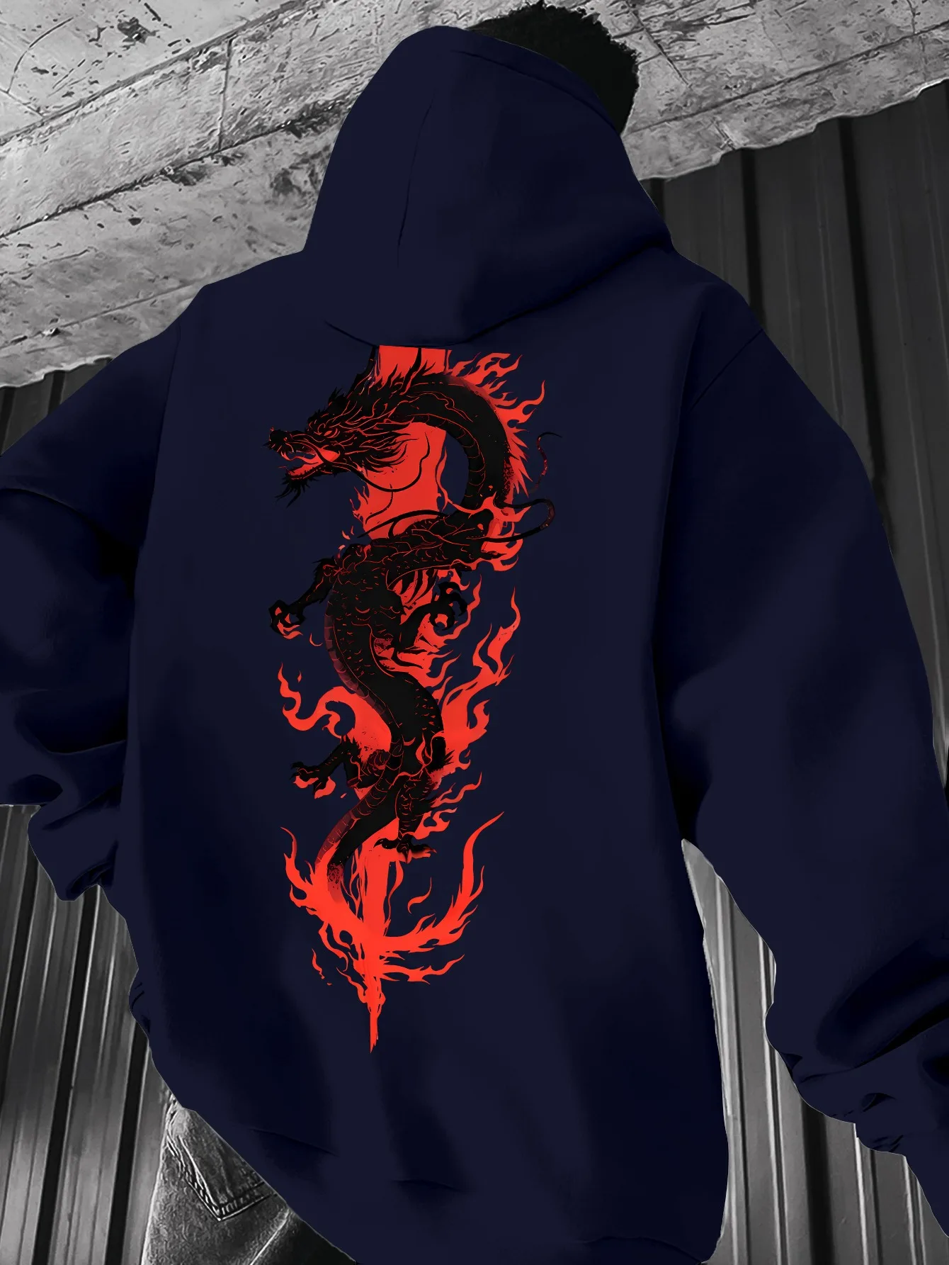 Men's Red Flame Chinese Dragon Embroidered Hoodie with Retro Oriental Dragon Pattern Fall/Winter Street Style Hooded Sweatshirt