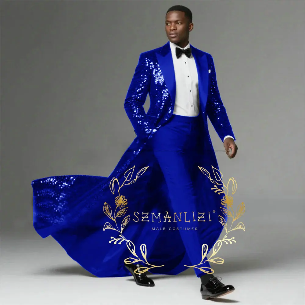 Black Sequins Suits Men 2 Pieces Sets Peaked Lapel Groom Blazers Sets Long Tail Customized Wedding Tuxedo costumes homme - Image 4