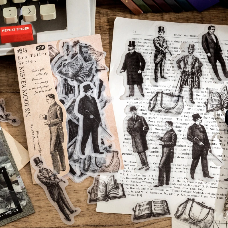 30 sztuk Vintage INS naklejki z postaciami wróżka dżentelmen czarny biały stare artykuły dekoracje materiał do scrapbookingu