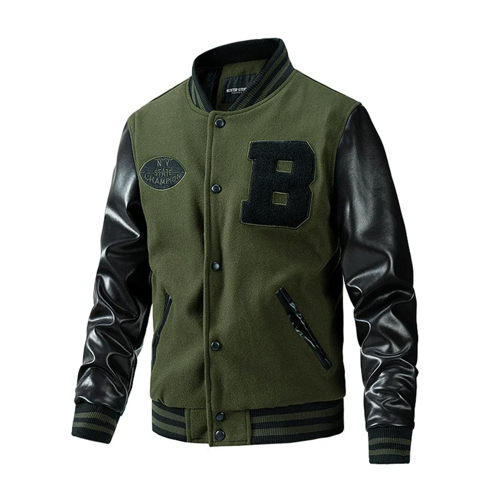 Varsity Jacket Men PU Sleeve Patchwork Jackets Autumn Winter Thick Jacket Fashion Casual Letter Embroidery Baseball Coats Male