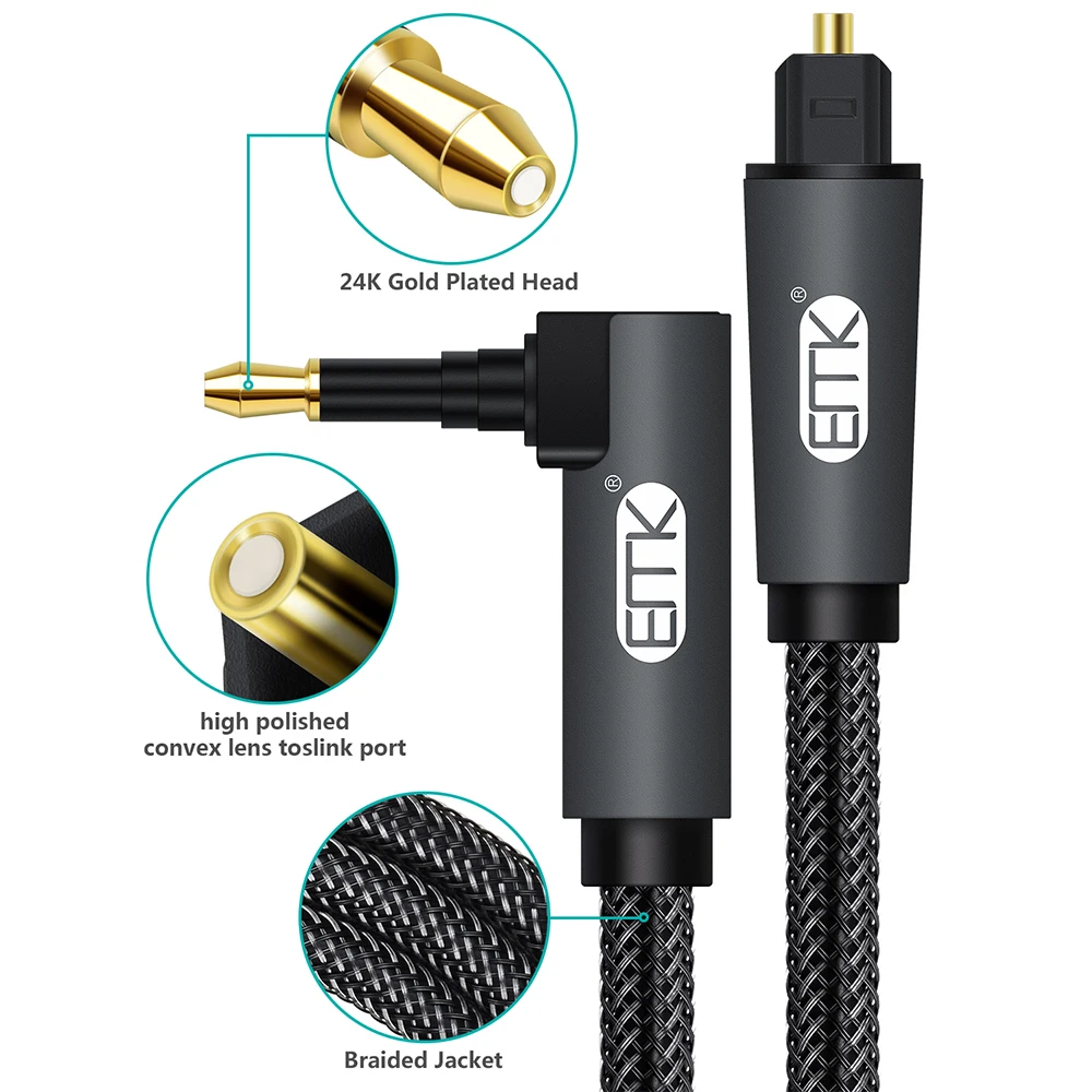 EMK 90 Degree Mini Toslink to Toslink Cable Right Angle Digital SPDIF Optic Fiber Cable 3.5 to Optical Audio Cable Adapter