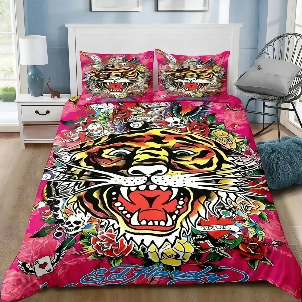 Exquisites Ed-H-hardy Tattoo Tiger Skull Bettbezug-Set, Bettwäsche-Set für Kinder, Mädchen, Schlafzimmerdekoration, Einzelbett/Doppelbett/Queen-Size-Bett, große Größe