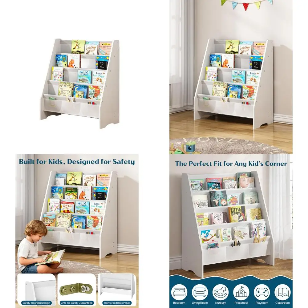 

4-Tier Kids' Bookshelf with Durable Fabric - Perfect for Nursery, Playroom, and Classroom, Holds Books Securely, Ideal for Toddl