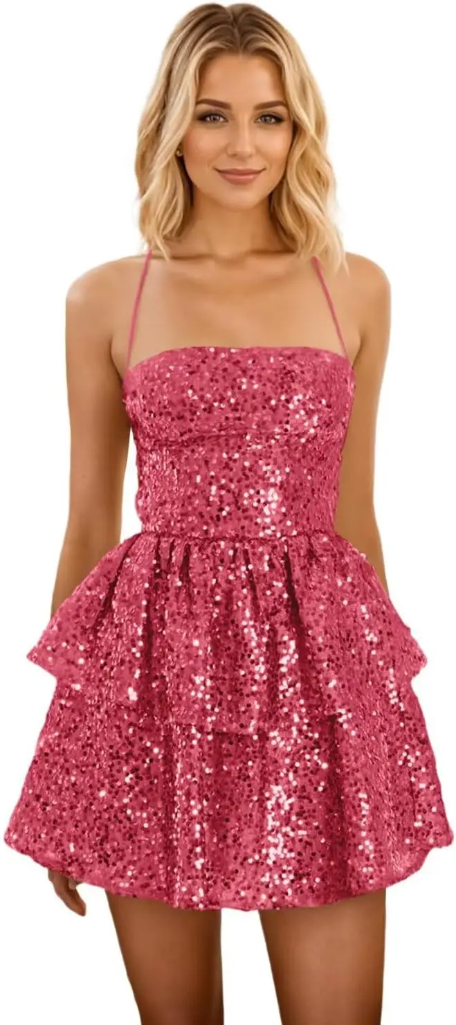 فستان للمراهقين العودة إلى المدرسة مع ترتر بطبقات قصيرة HOCO Dress2025 بدون أكتاف متدفق لامع لحفلات الرقص وحفلات الكوكتيل #1