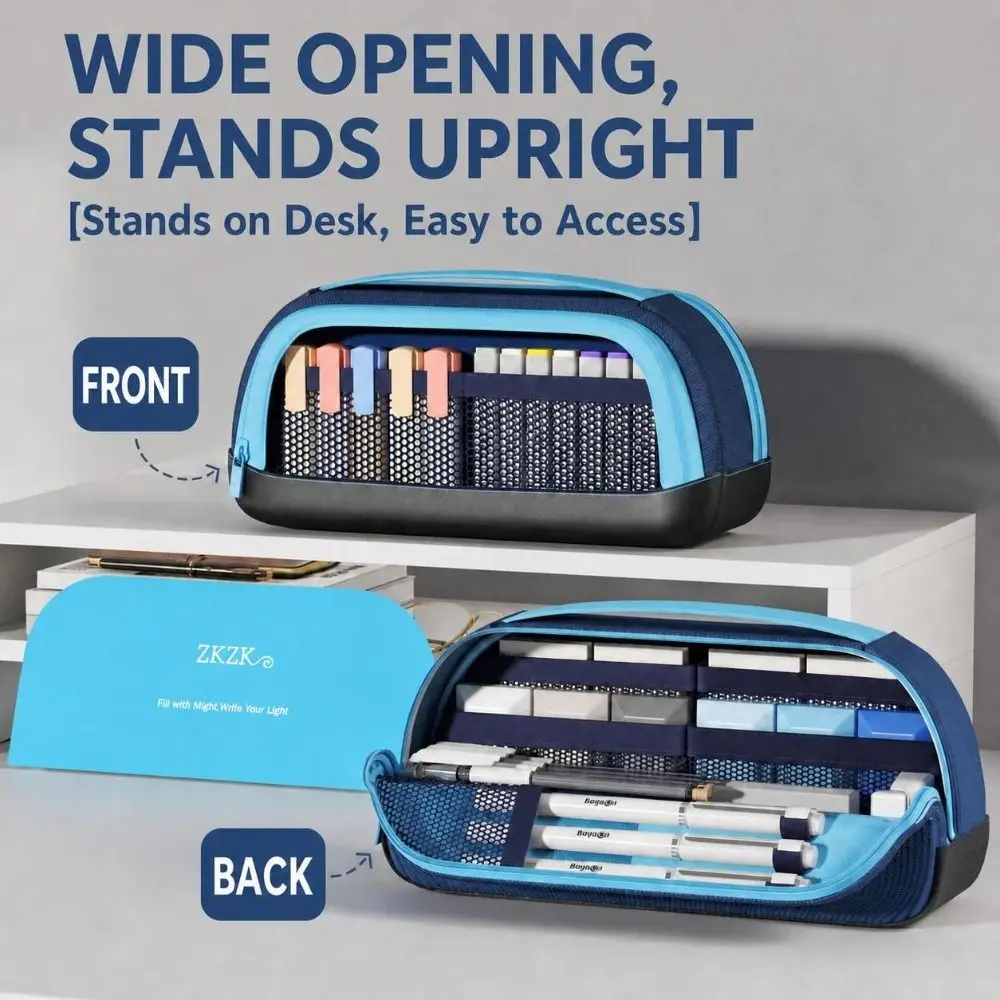 Multi-Layer Compartments Magnetic Pencil Case Zipper Closure Carry Handle Stationery Bag Fold-Down Organizer Mesh Pockets