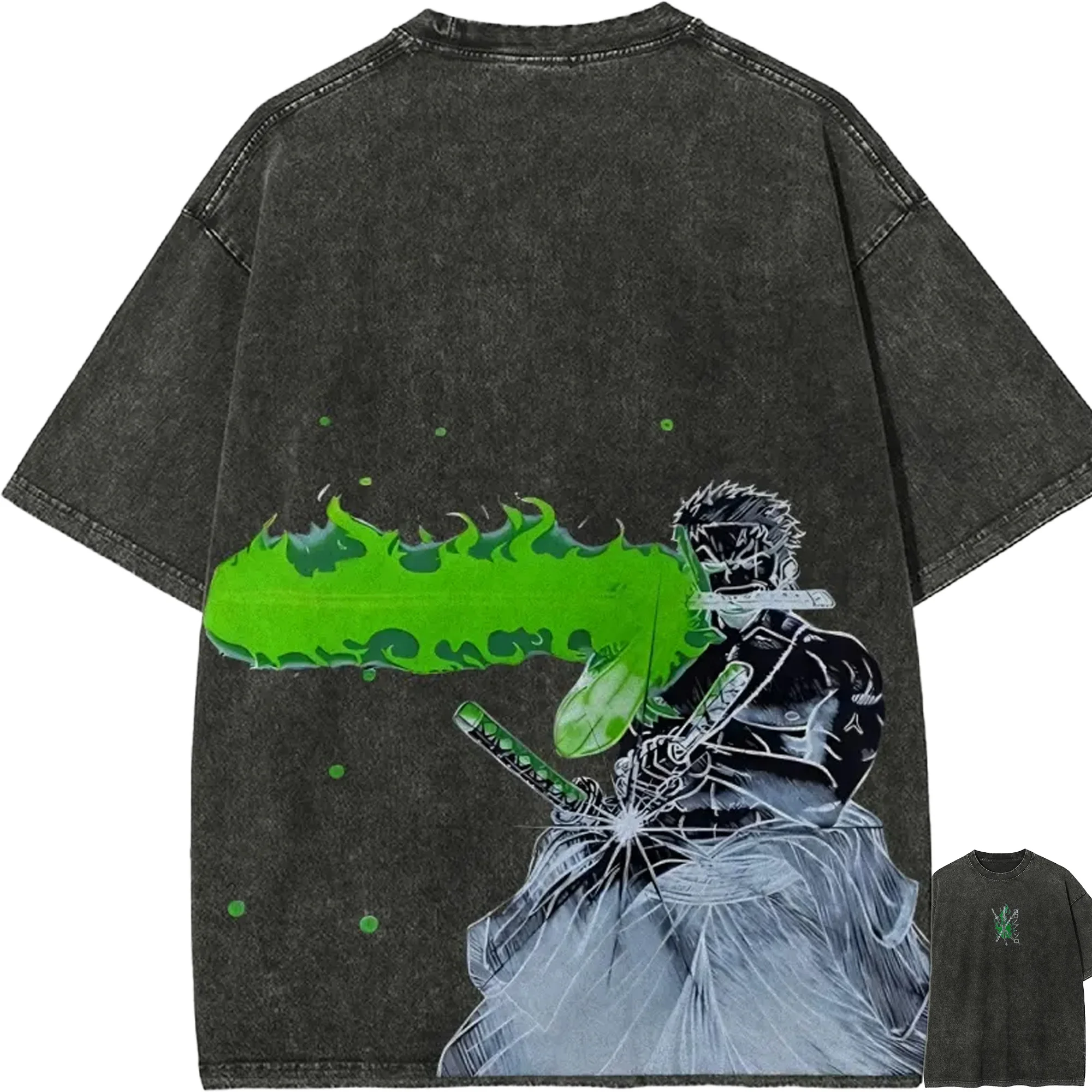 Zoro T-Shirt One Piece Roronoa Enma Green Ghost Fire Vintage Acid Wash Streetwear Übergroßes Retro Anime Grafik Baumwoll-T-Shirt