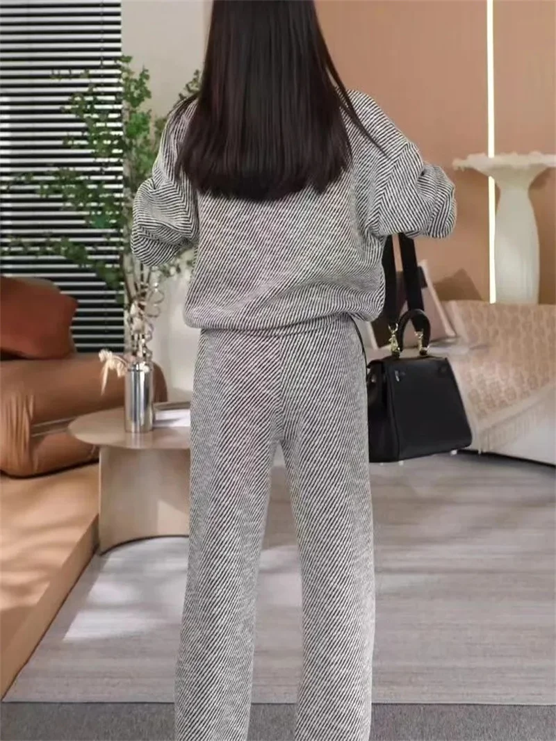 Fashion Casual Striped Suit For Women 2024 Spring Autumn New Style Loose And Slimming Cardigan Top Wide Leg Pants Two-piece Set
