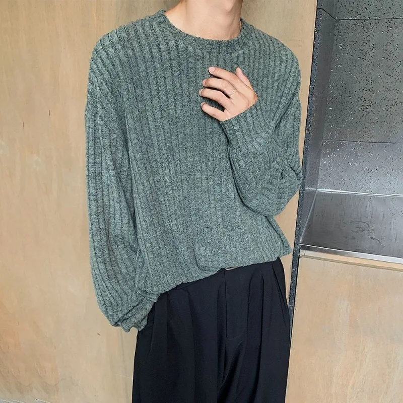 

Japanese Lazy Knitted Long Sleeved T-shirt Men's Cleanfit Texture Vertical Stripe Pullover T-shirt Autumn Cozy Daily Homewear