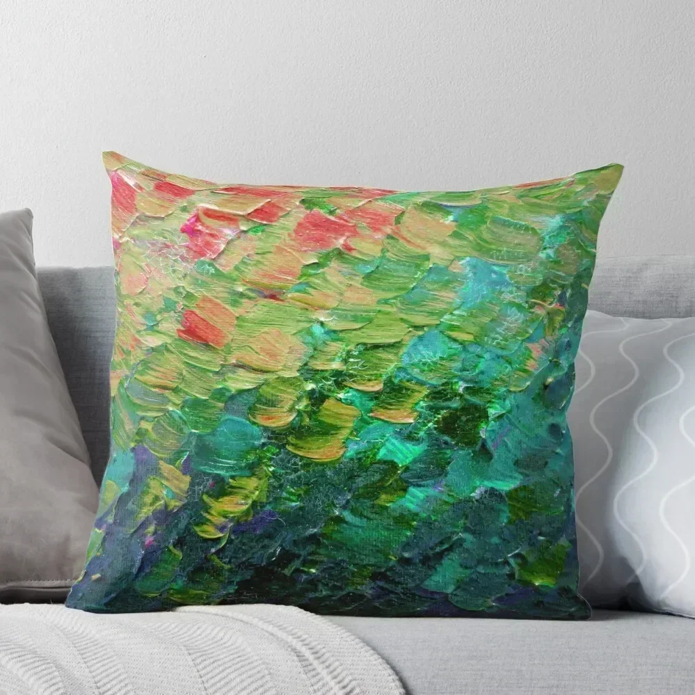 

MERMAID SCALES 4 Rainbow Colorful Ombre Ocean Waves Abstract Acrylic Impasto Painting Teal GreenArt Throw Pillow