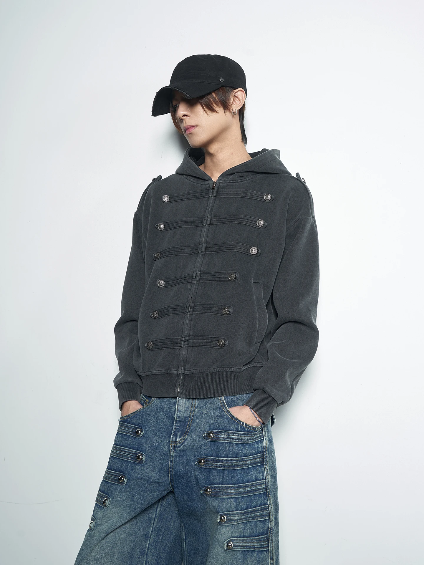 Moletom com Capuz Estilo Corte Napoleônico Retrô, Design Desgastado com Botões para Homens e Mulheres, Jaqueta Cardigã Moderna
