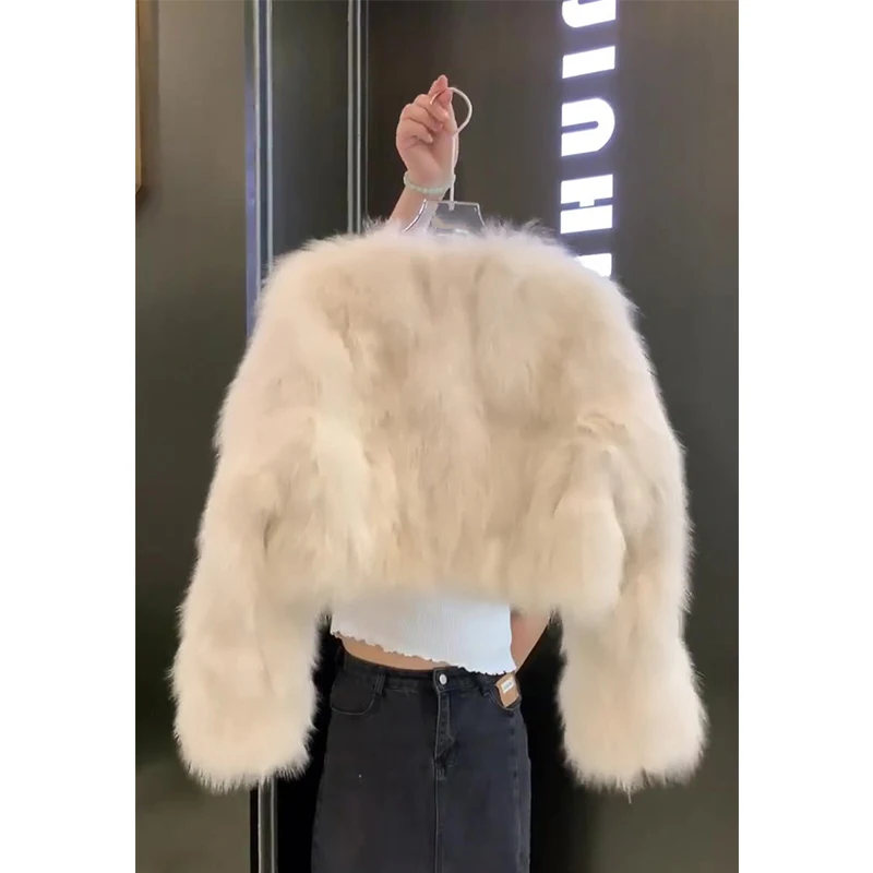 Cropped Faux Fur Coat Women Fashion V Neck Fluffy Jacket Winter Ladies Korean Long Sleeve Thicken Warm Furry Outerwears Gothic