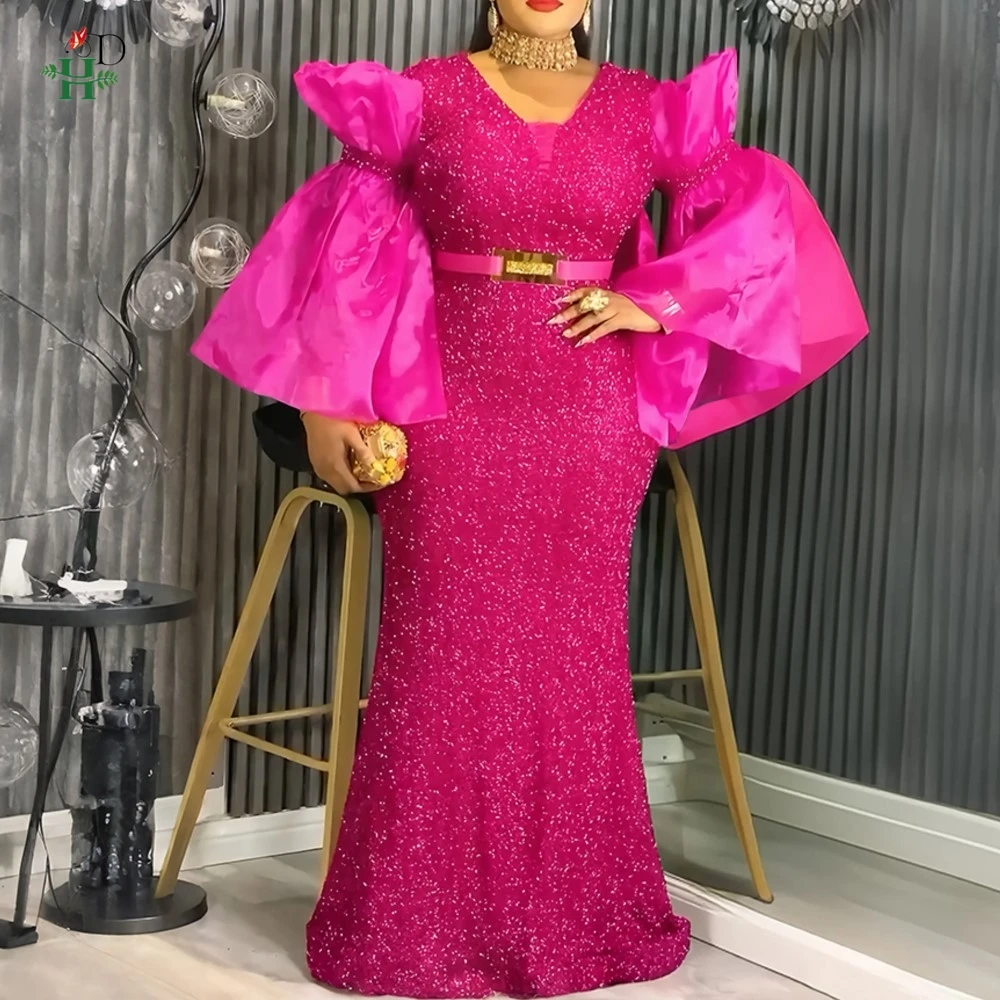 

Новые африканские платья для женщин, платье макси больших размеров с блестками и v-образным вырезом, платье большого размера с рукавами-колокольчиками, вечерние, свадебные, Bubu, африканская одежда