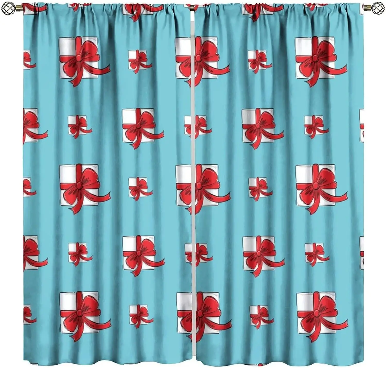 Holiday Gift Window Curtain Sky Blue Base Gift Boxes With Bright Red Bow Rod Pocket Panels Sweet Party Room Decoration