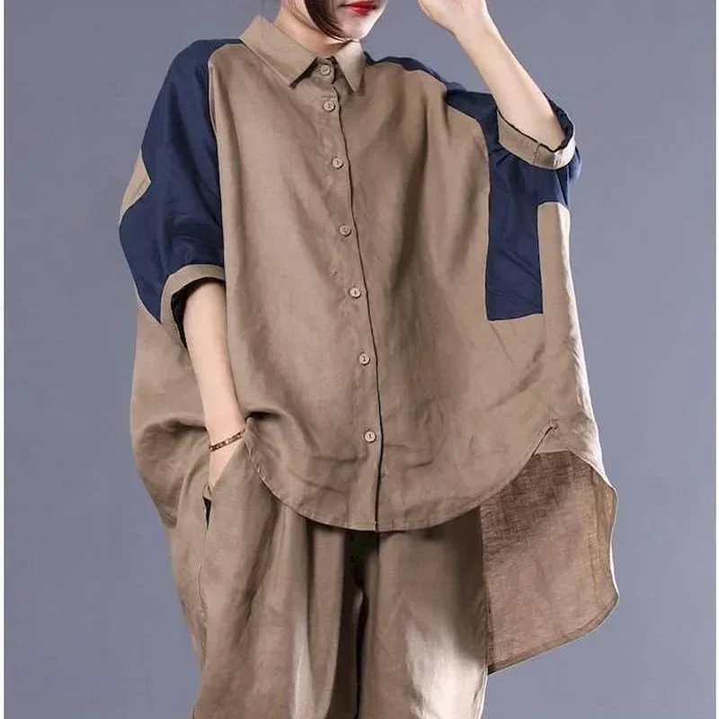 Pop Pants Set Casual Oversized Quarter Sleeve Irregular Shirts Elastic Waist Harem Pants Korean Style Two Piece Sets Women Outfi