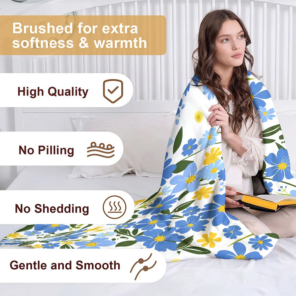 Blue Yellow Wild Floral Print Soft Warm Flannel Blanket Lightweight Cozy Christmas Halloween Home Decor Room