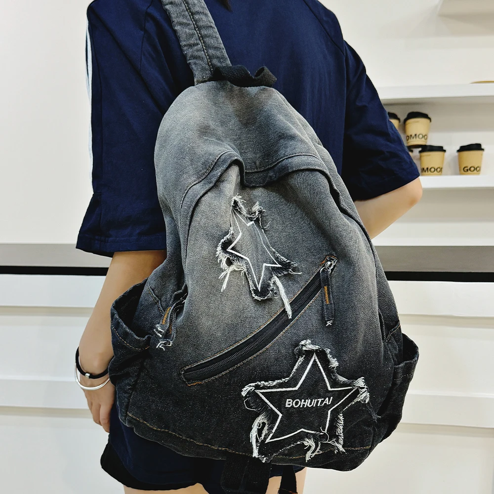 Relaxing Denim Gradient Star Shaped Backpack, College Student Leisure Travel Backpack, Large Capacity Backpack