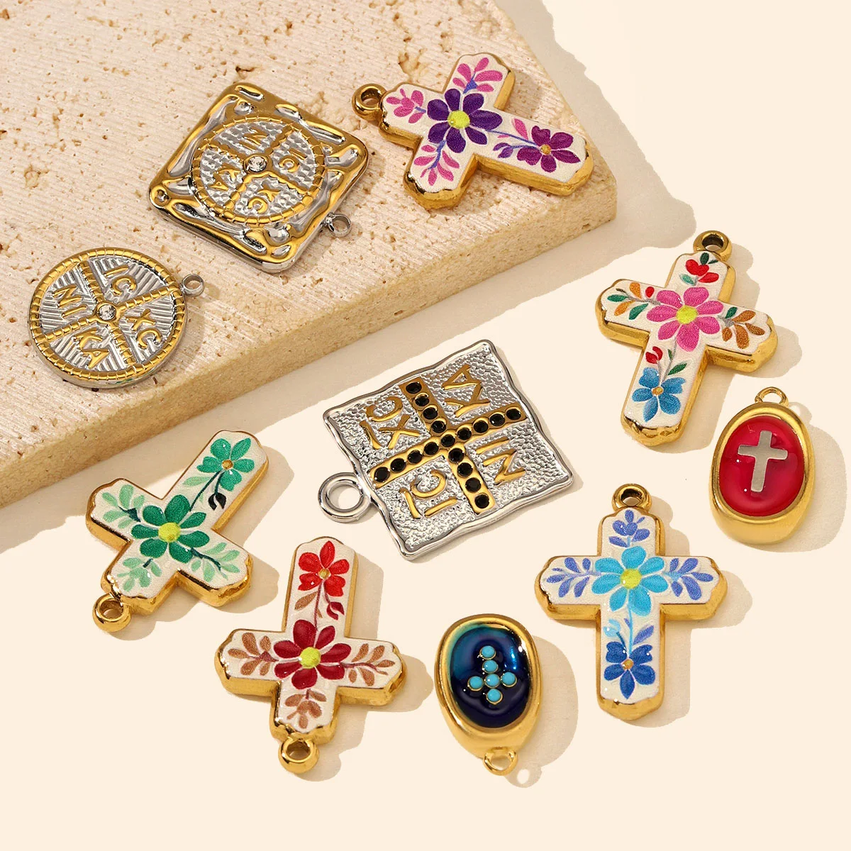 3pcs/Lot Stainless Steel Enamel Cross DIY Charms Bike Coffee Cup Cat Necklace Pendants Woman Italian Words Jewelry Wholesal